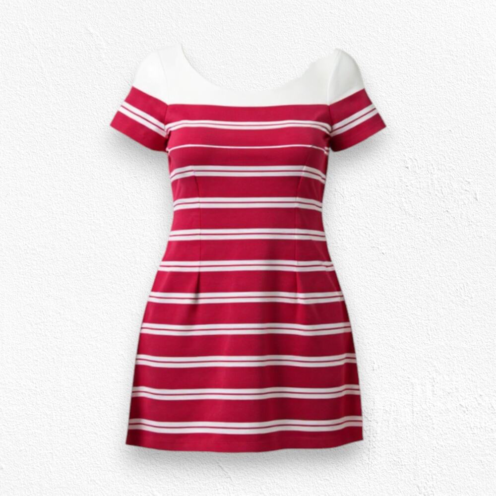 Zara Red White Striped Retro Fit and Flare Short Sleeve Shirt Dress Size Small